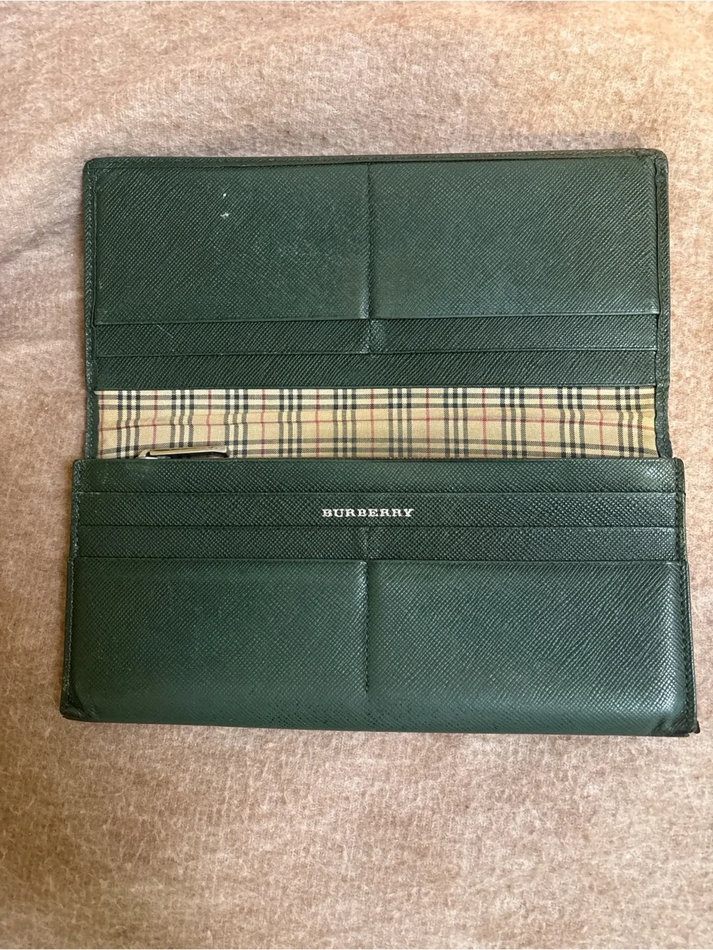 Burberry Dark Green Textured Leather Long Wallet